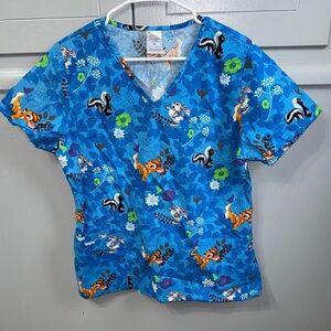Blue Bambi & Friends Print V-Neck Scrub Top